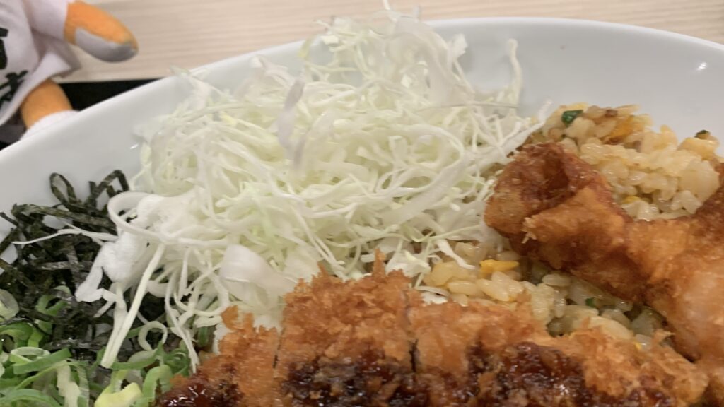 かつや 欲張り飯のキャベツ、刻み海苔、ネギ