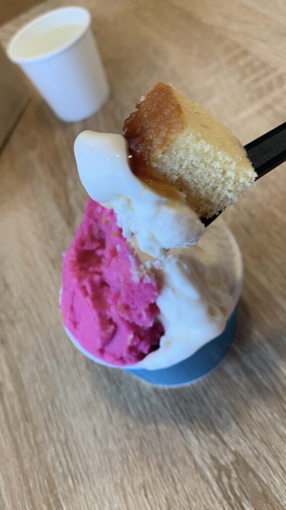 巴堂ジェラート TOMOEDO GELATO ともえ スプーンですくったジェラートとケーキ
