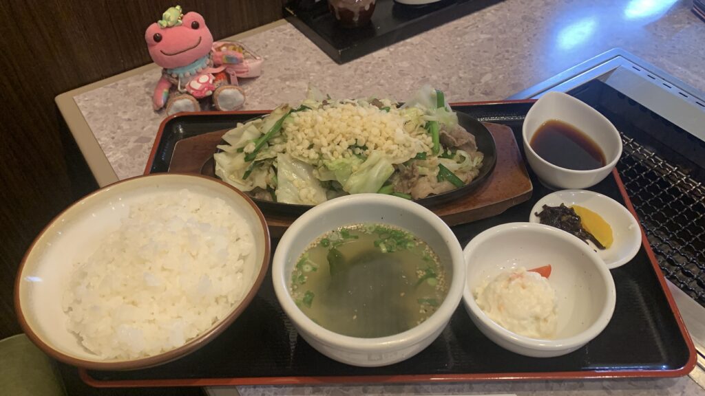 あみ焼きハウス せせらぎ 牛ニラキャベツ定食 全景 ライス スープ ポテトサラダ ポン酢 秘書 かえるのピクルス